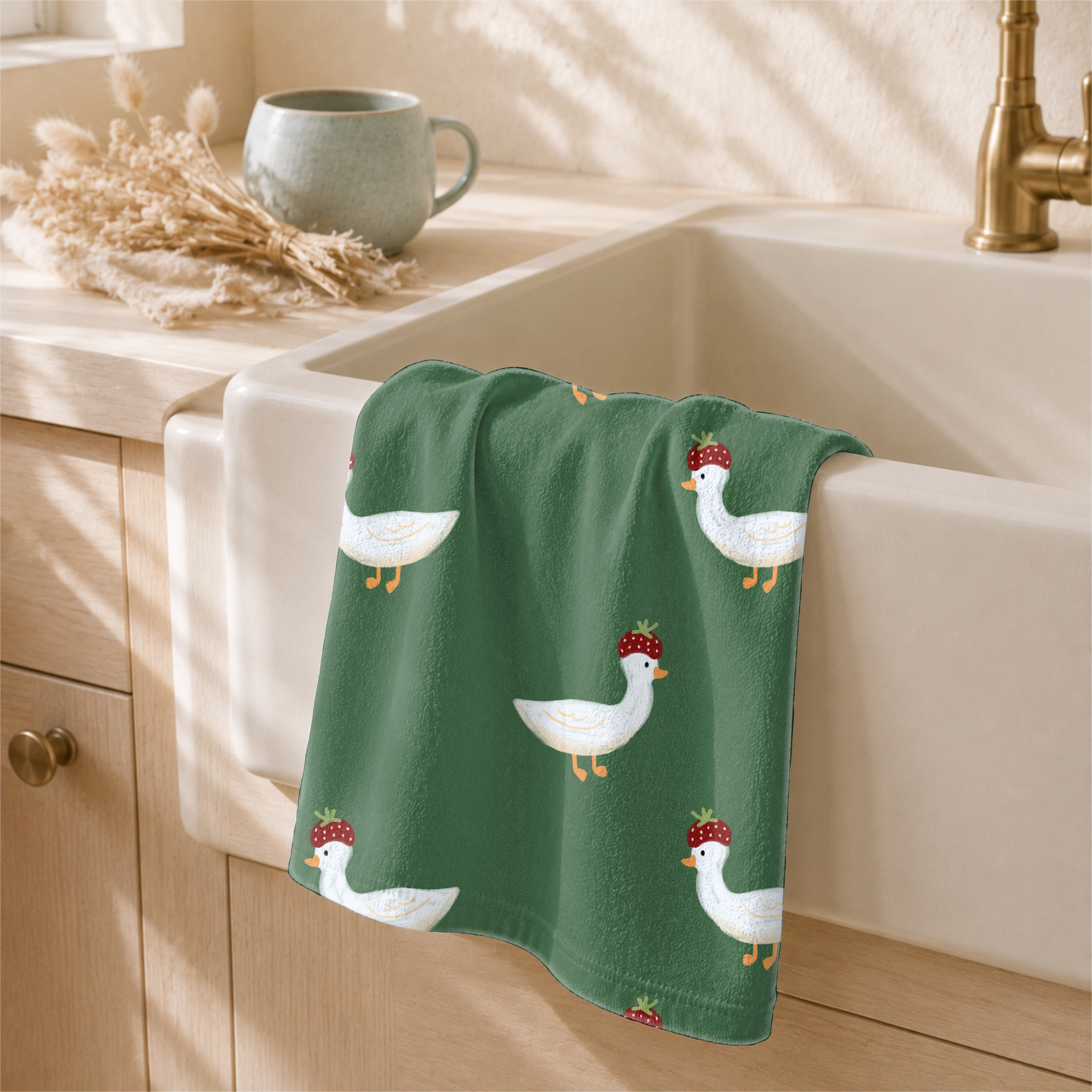 Strawberry.hat.goose 0 pattern shown on a home decor mockup