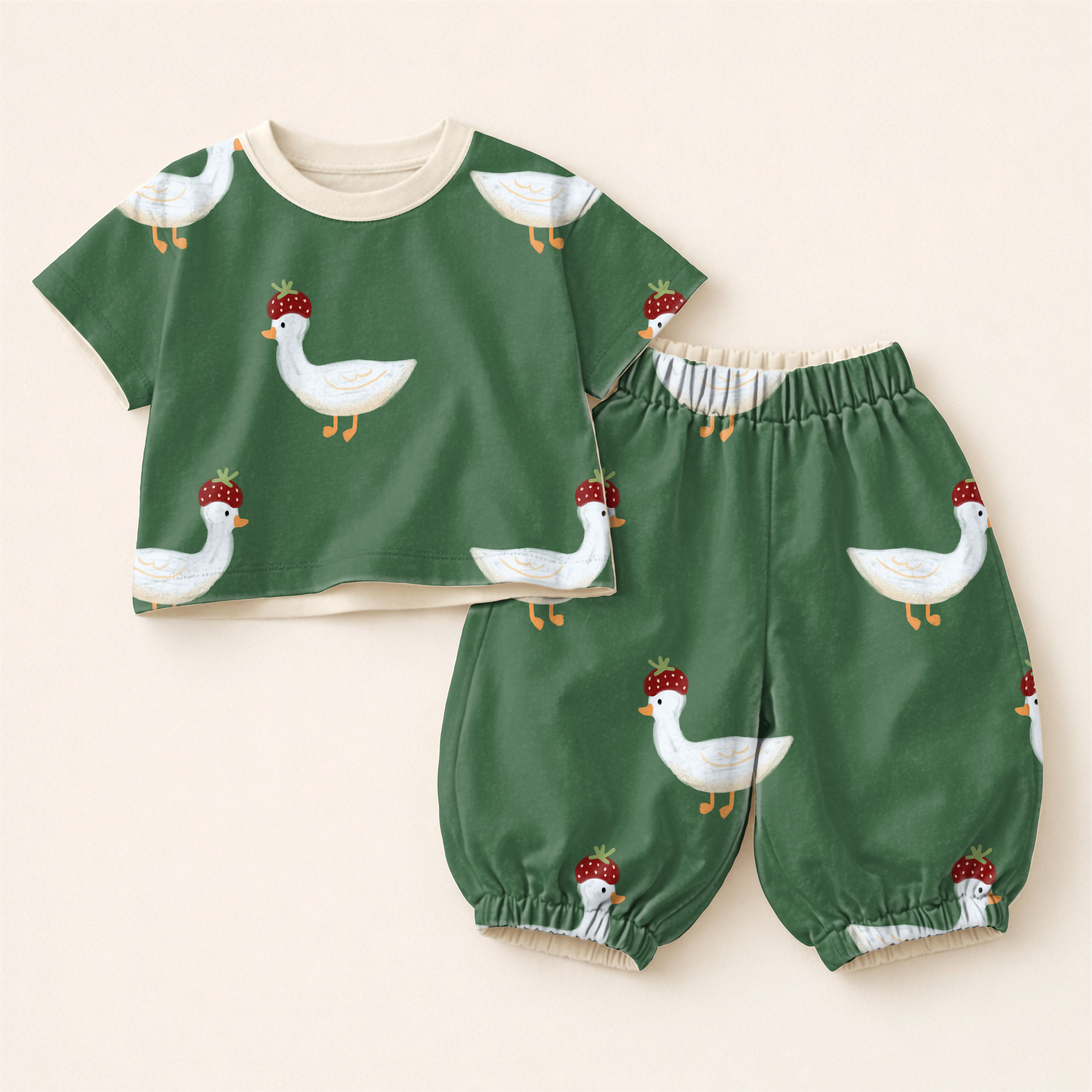 Strawberry.hat.goose 0 pattern shown on a children's apparel mockup