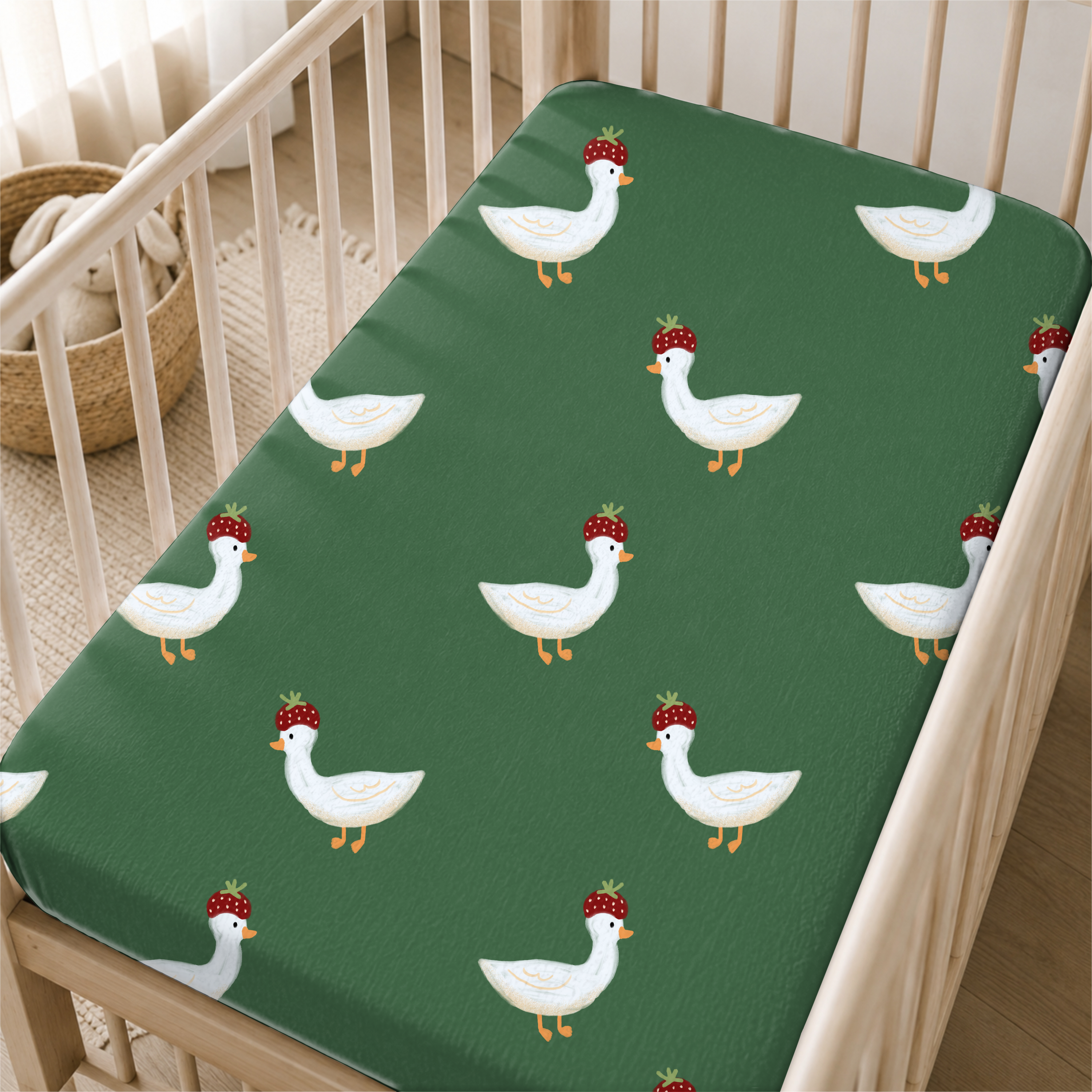 Strawberry.hat.goose 0 pattern shown on a bedding mockup