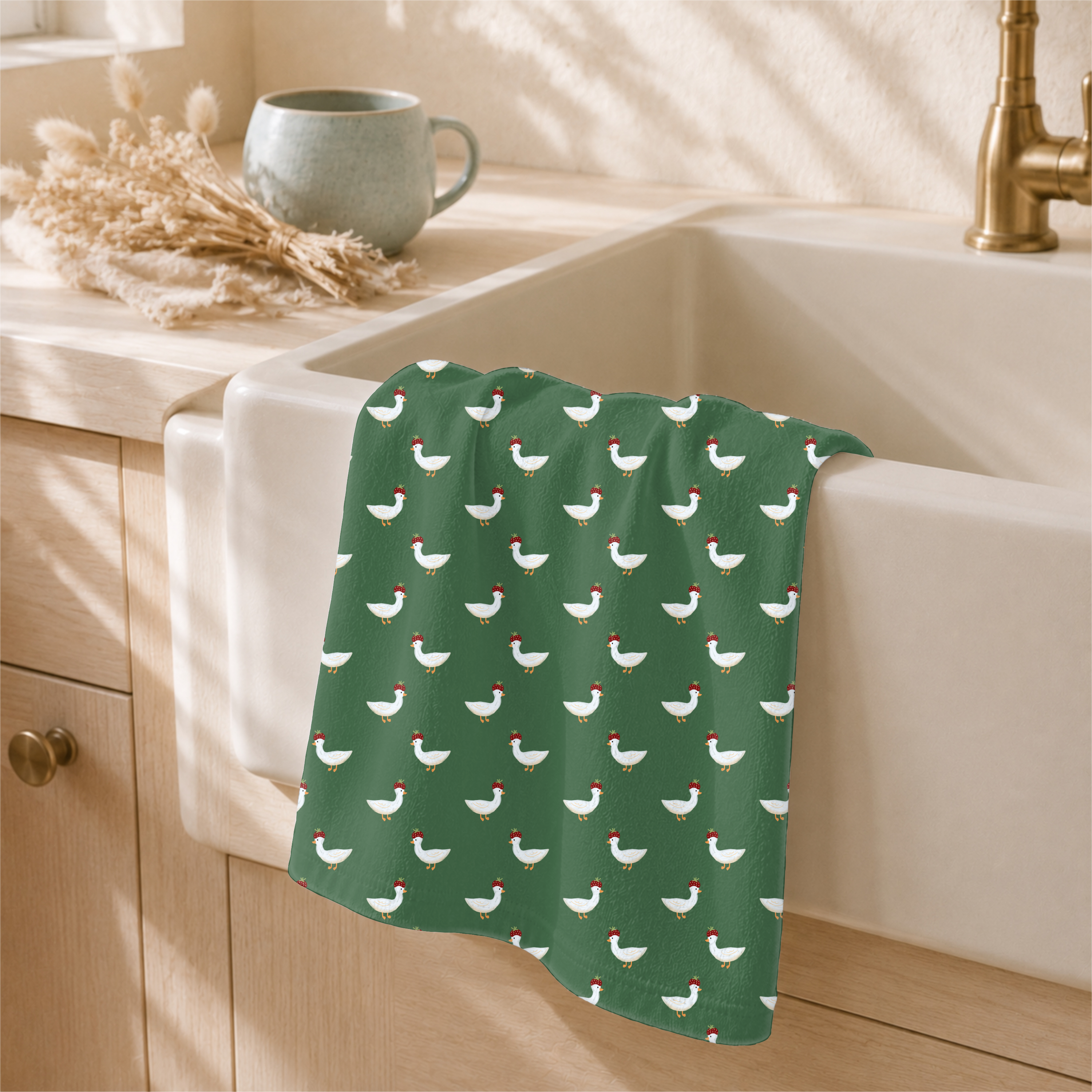 Strawberry.hat.goose 0 pattern shown on a home decor mockup
